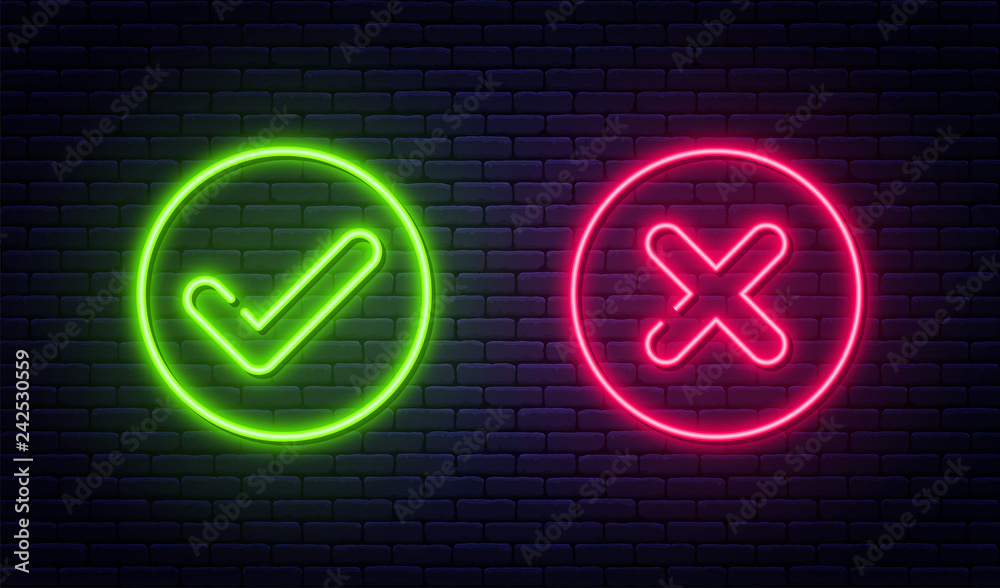 Check mark and cross mark in neon style. Green tick and red cross check marks. Retro signs with glowing neon tubes - obrazy, fototapety, plakaty 
