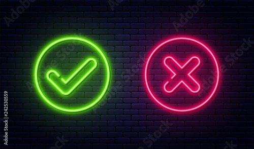 Check mark and cross mark in neon style. Green tick and red cross check marks. Retro signs with glowing neon tubes