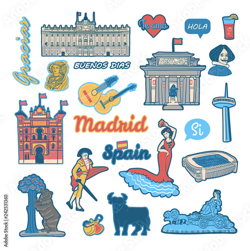 Set of stickers and patches with symbols and landmarks of Spain such as flamenco dancer, matador, castanets, Prado museum, Royal palace and text phrases in spanish language. Isolated vector clipart