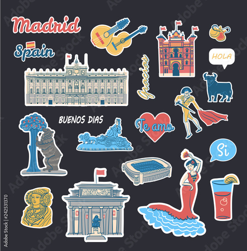 Vector stickers collection with symbols and buildings of Spain and text phrases in spanish language. Isolated vector clipart set with famous attractions such as Prado museum and Royal palace