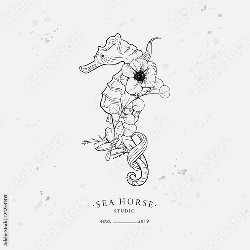 Seahorse entwined with flowers and algae. Marine logo concept on grunge background. Hand drawn vector illustration.