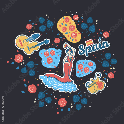 Colorful vector illustration inspired Spanish musical culture. Clipart with flamenco dancer  and music instruments such as guitar, bandurria and castanets. Isolated concept 
