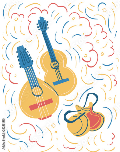  Spanish national instruments: guitar, bandurria and castanets