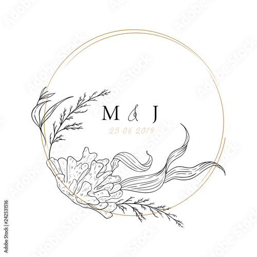 Wedding sea invitation; sketched floral branches, coral, algae, gold geometric ring, initials. Navy background. Nautical art. Marine wedding style. Flourishes ring & wreath.