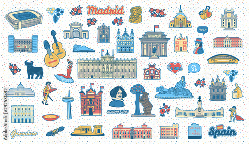 Madrid (Spain) inspired colorful hand drawn landmarks and symbols set. Travel spanish attractions flat cliparts. Collection of isolated vector illustrations of spanish buildings, monuments and signs 