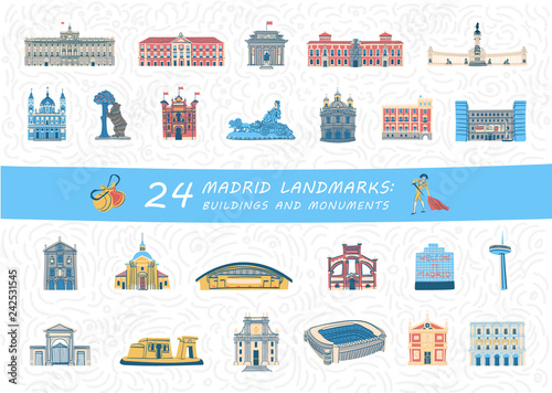 Set of Madrid city most famous buildings and monuments. Colorful spanish landmarks flat cliparts. Collection of isolated vector illustrations.