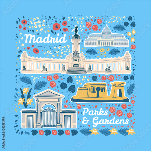 Hand drawn colorful vector illustration with famous landmarks of parks and gardens of Madrid city. Isolated clipart with spanish outdoor attractions, text and floral frame. 