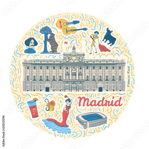 Hand drawn illustration with Royal Palace of Madrid, capital city famous  landmarks and symbols. Isolated clipart  with Spanish attractions. Design elements in circle composition. 