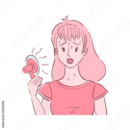 Illustration of unhappy young woman holding a fan