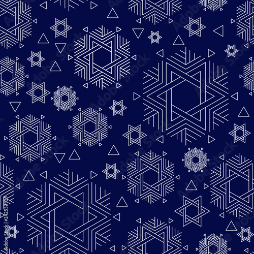 Vector seamless repeat pattern with white David stars on blue background, jewish symbol. For textile, web, print.