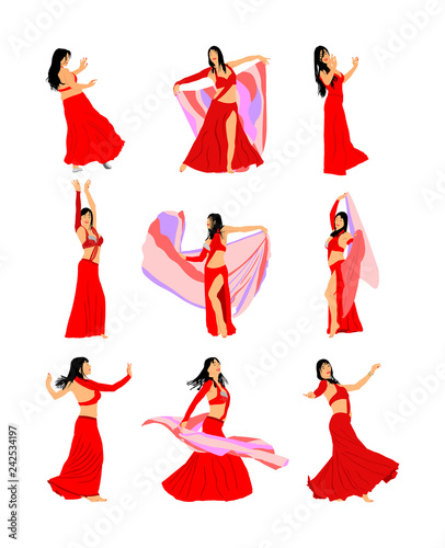 Belly dancer woman coquette vector illustration isolated on background. Traditional Arab entertainment oriental dance. Sensual movement erotic lady. Middle east culture. Sheikh amusement in harem 
