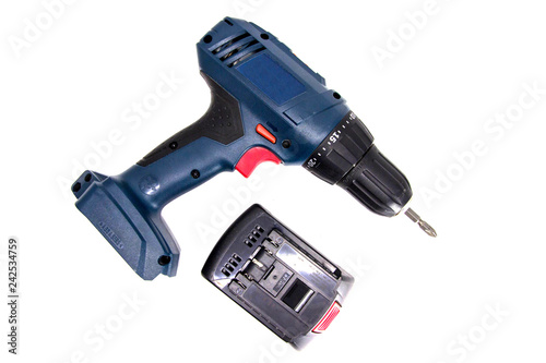 Modern and powerful battery drill on a white background