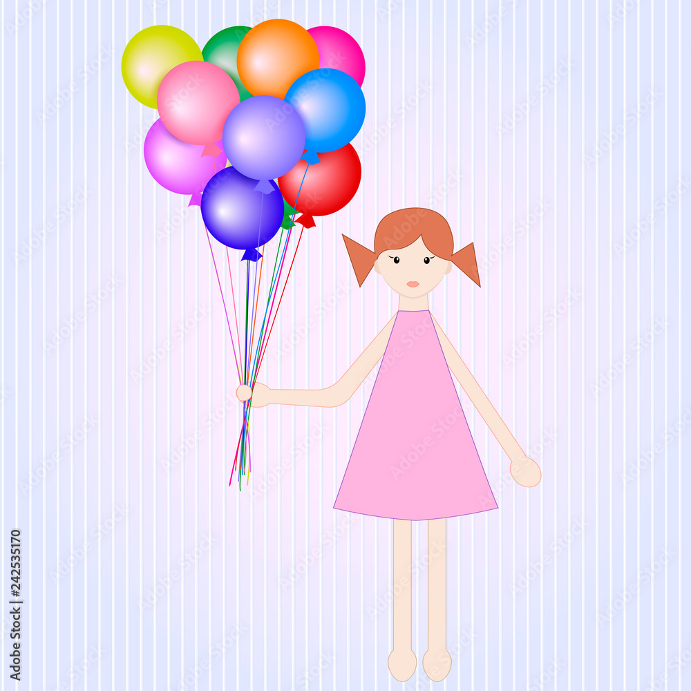 Little girl holding bunch balloons. Birthday greeting card template