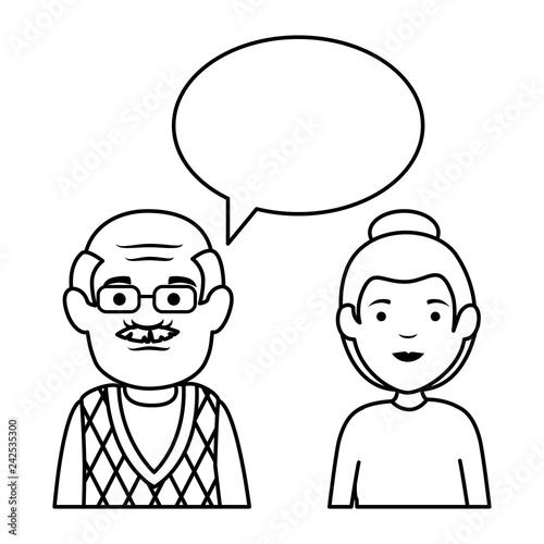 cute grandfather and daughter with speech bubble
