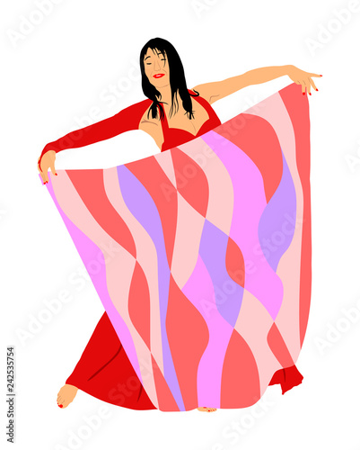 Belly dancer woman coquette vector illustration isolated on background. Traditional Arab entertainment oriental dance. Sensual movement erotic lady. Middle east culture. Sheikh amusement in harem 