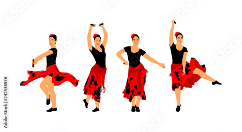 Attractive Spanish girl flamenco dancer vector illustration. Hispanic woman with castanets in hot dance. Traditional folklore in Spain. Sensual salsa lady in erotic movement. Mexico culture performer.