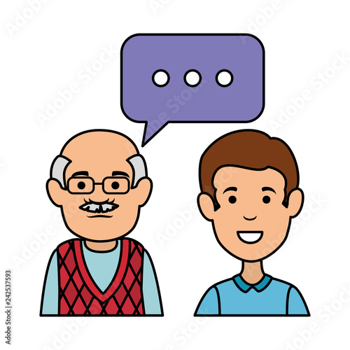 cute grandfather and son with speech bubbles