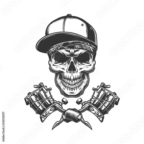 Skull in bandana and baseball cap
