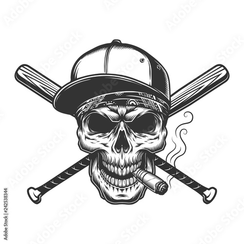 Vintage monochrome skull in baseball cap
