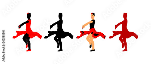 Attractive Spanish girl flamenco dancer vector illustration. Hispanic woman with castanets in hot dance. Traditional folklore in Spain. Sensual salsa lady in erotic movement. Mexico culture performer.