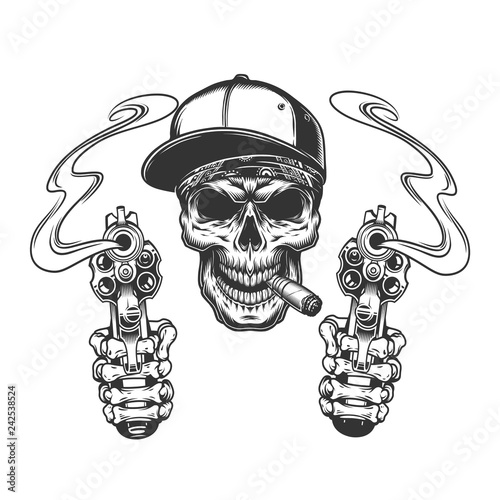 Skull smoking cigar in baseball cap
