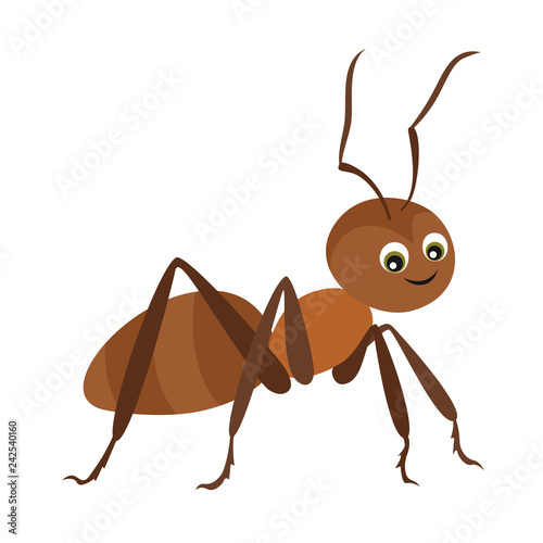 Funny cute ant isolated on white background. Vector illustration of cartoon character in flat style.