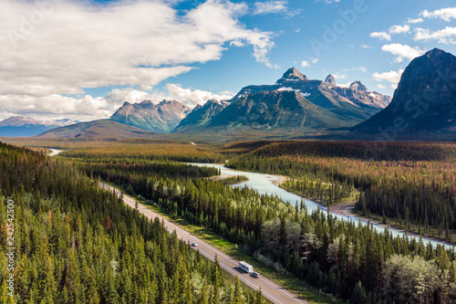 Aerial View of the Canadian Rockies and Icefields Parkway at Banff National Park in Alberta, Canada.