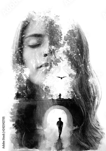 Paintography. Double exposure portrait combined with hand drawn painting tells a story of two people using symbols and unique technique