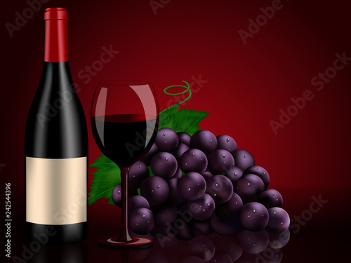 Perfect still life: red bottle wine, grapes and wine glass