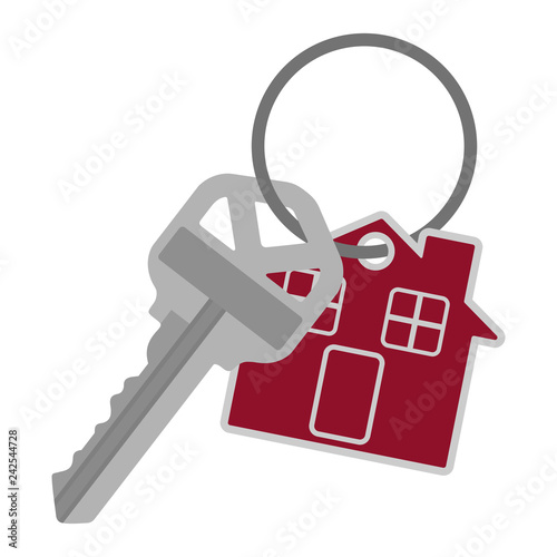 Silver House Key on Key Ring Illustration - Single silver house key and red house tag on silver key ring