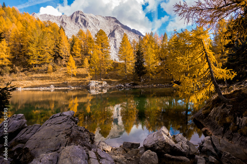 Colorful autumn landscape mountain. Mountains, lake and colrful trees photo