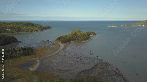 Aerial panoramic landscape view of Bic National Park during a vibrant sunny day. Taken in Le Bic, Rimousky, Quebec, Canada. photo