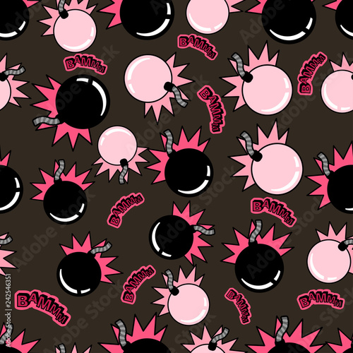 Abstract seamless bomb pattern for girls, boys, clothes, wallpaper. Creative vector pattern with bomb, wings, neon color. Funny bomb pattern for textile and fabric. Fashion style.