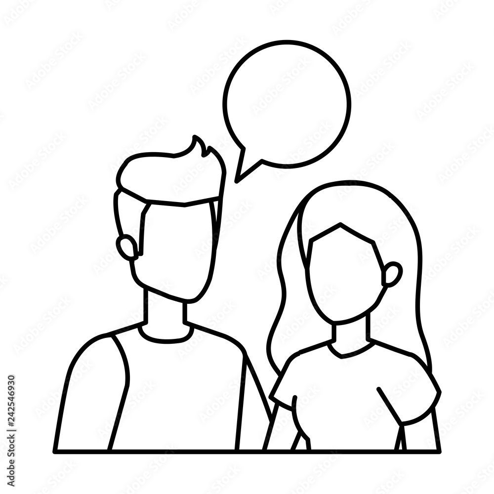 young couple with speech bubble characters young couple with speech bubble characters