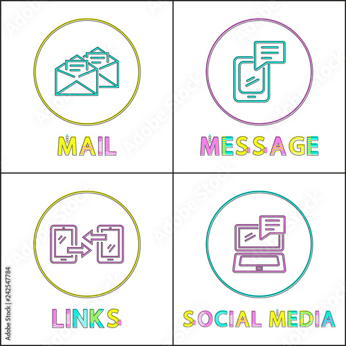 Online Communication Bright Round Linear Icons Set