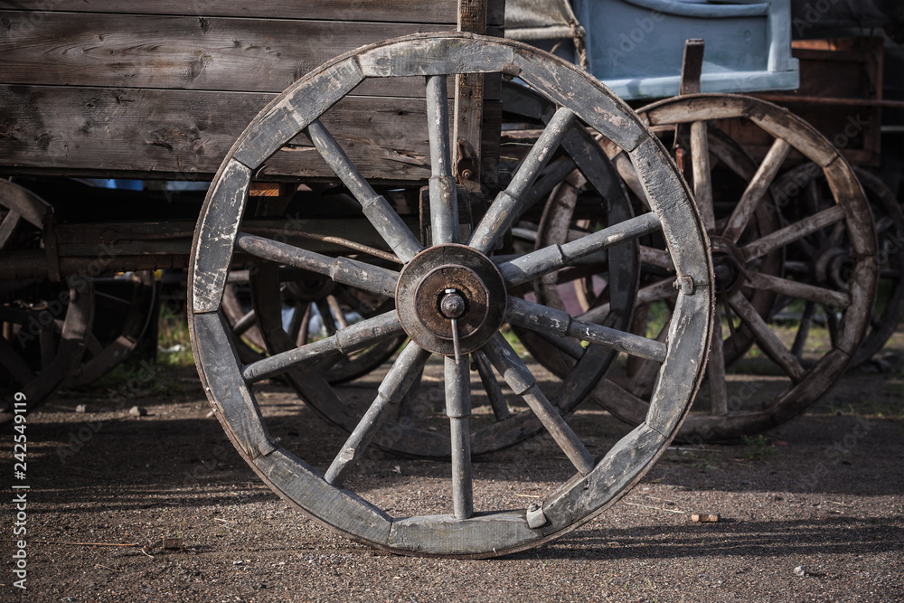 Wooden wheel of vintage wagon