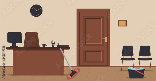 Concept of cleaning office or reception area.Wooden door, sign,table,monitor,armchair,chairs,wall clock,cup of coffee,folders. MOP and bucket,soapy foam.Vector illustration