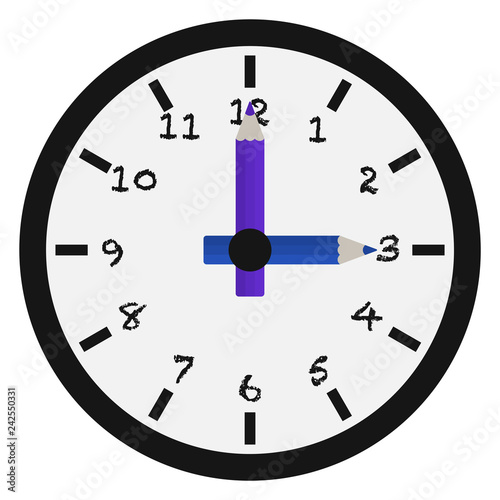 Colored Pencils Clock Illustration - Black and white clock with colored pencils for minute and hour hands isolated on white background