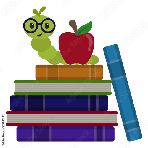 Happy Bookworm on Stack of Books Illustration - Cute happy bookworm wearing glasses next to red apple on stack of books isolated on white background photo