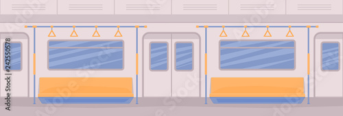 Subway train car inside. Interior with seats, a door for entrance and exit, handrails, window.