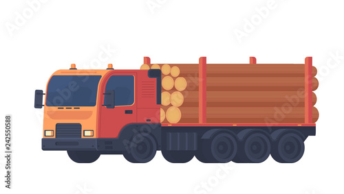 Logging truck isolated on white background. Truck with trailer for transportation of raw wood and timber products. Foresty industry. Vector flat style illustration.