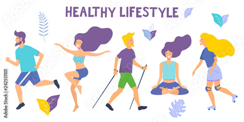Healthy lifestyle. Different physical activities: running, roller skates, dancing, bodybuilding, yoga, fitness, scooter, nordic walking. Flat vector illustration.
