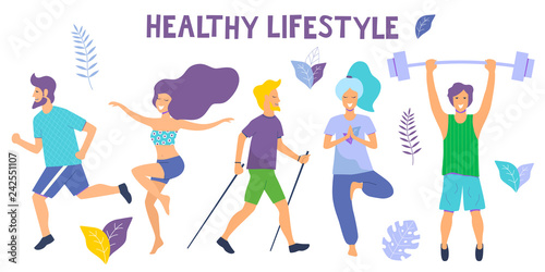 Healthy lifestyle. Different physical activities: running, roller skates, dancing, bodybuilding, yoga, fitness, scooter, nordic walking. Flat vector illustration.