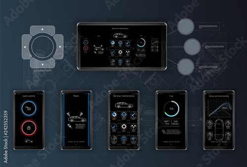 Template mobile application, for management and diagnosis of cars, service application for diagnosis, the background is made in the style of drawings. vector image.