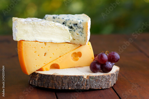 Bild auf Leinwand Camembert, brie, hard cheese and blue cheese on wooden board
