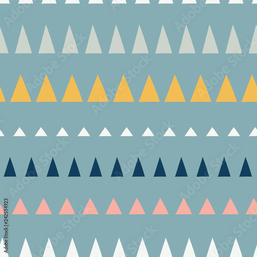Triangles in a row seamless vector pattern. Abstract background hand drawn lined up triangles. Geometric design in teal, blue, pink, white, gold. For fabric, kids, coordinate, digital paper, page fill