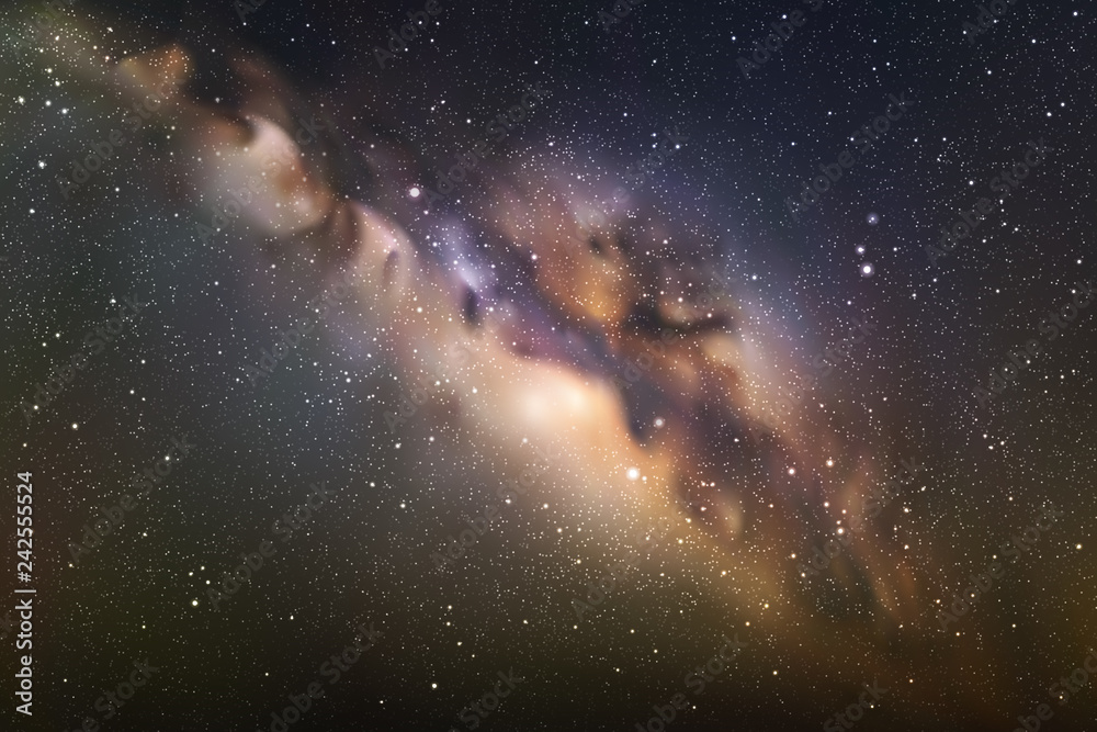 Fototapeta premium Ilustracja wektorowa z nocnego gwiaździstego nieba i Drogi Mlecznej. Przestrzeń ciemne tło z fragmentem naszej galaktyki