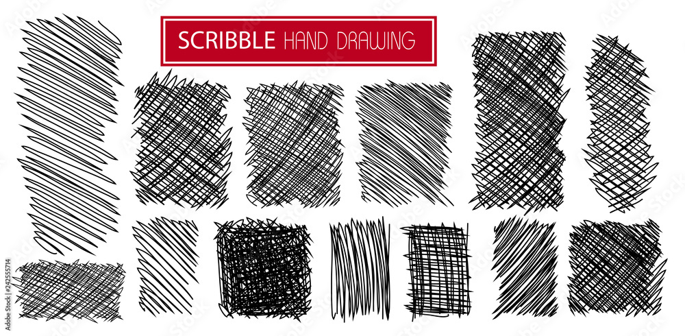 Set of hand drawn scribble symbols isolated on white. Doodle style sketches. Shaded and hatched badges. Monochrome vector design elements.