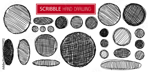 Set of hand drawn scribble symbols isolated on white. Doodle style sketches. Shaded and hatched badges. Monochrome vector design elements.