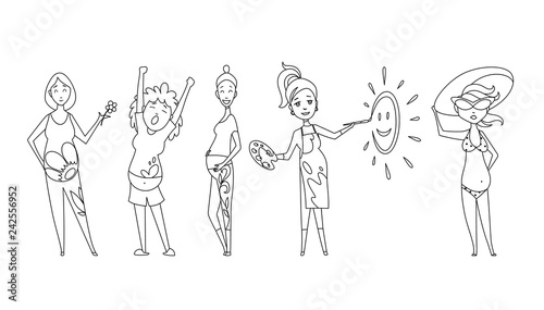 Pregnant women set coloring book. Many views of pregnant. Smile happy, walking with dog, eating apple, exercise. Vector illustrations isolated.